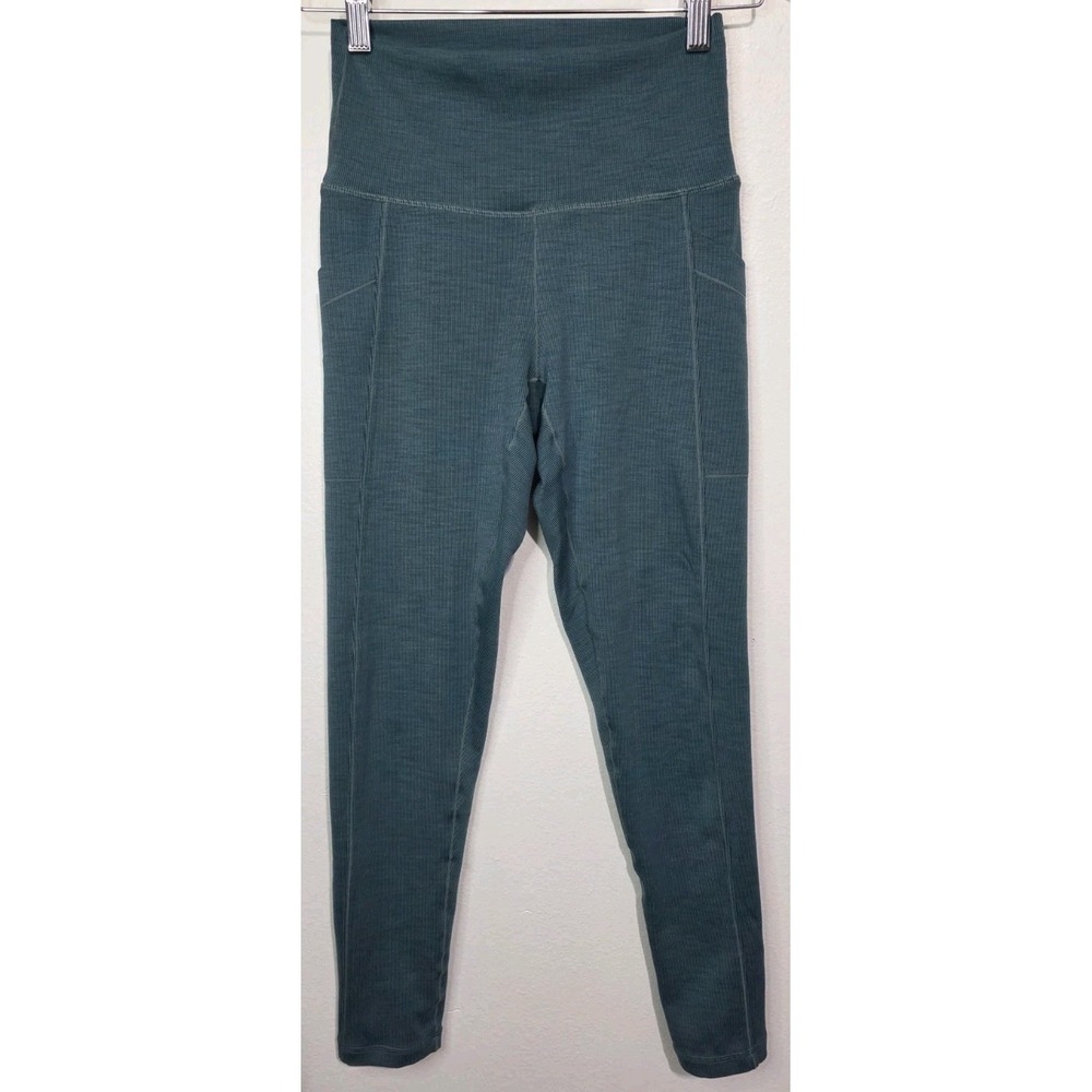 Prana Blue Teal‎ Ribbed Side Pockets Active Wear Leggings Women S Solid Yoga EUC